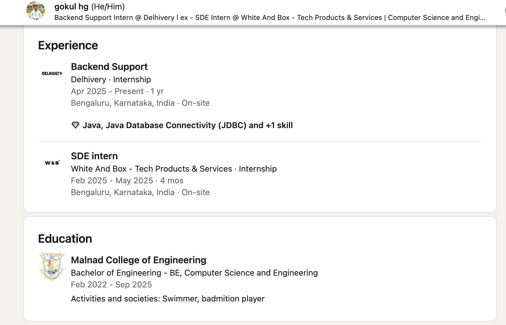 Gokul H G LinkedIn Screenshot