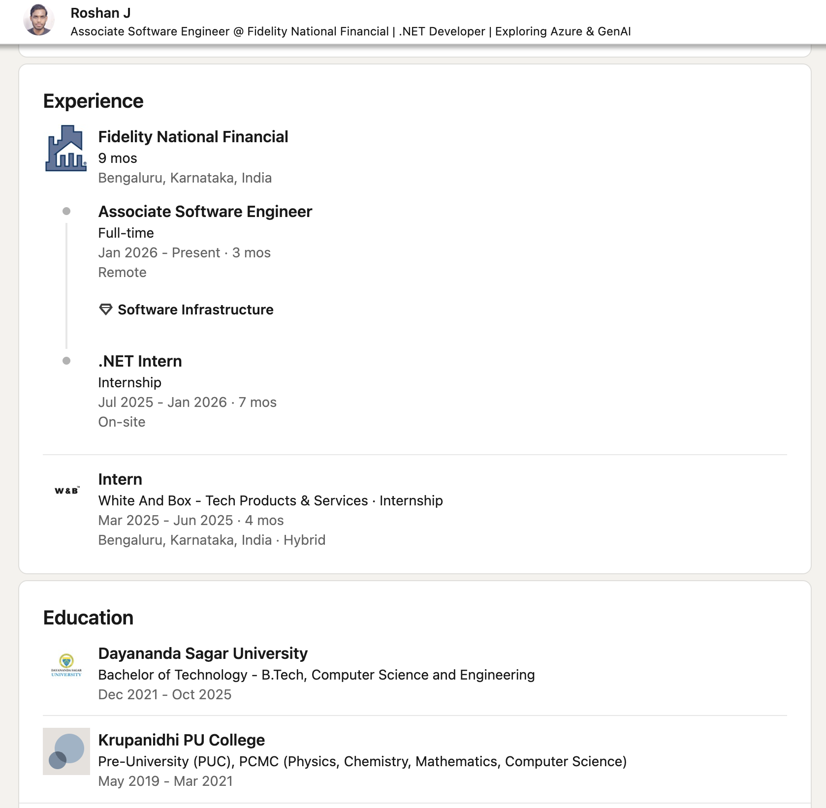 Roshan J LinkedIn Screenshot