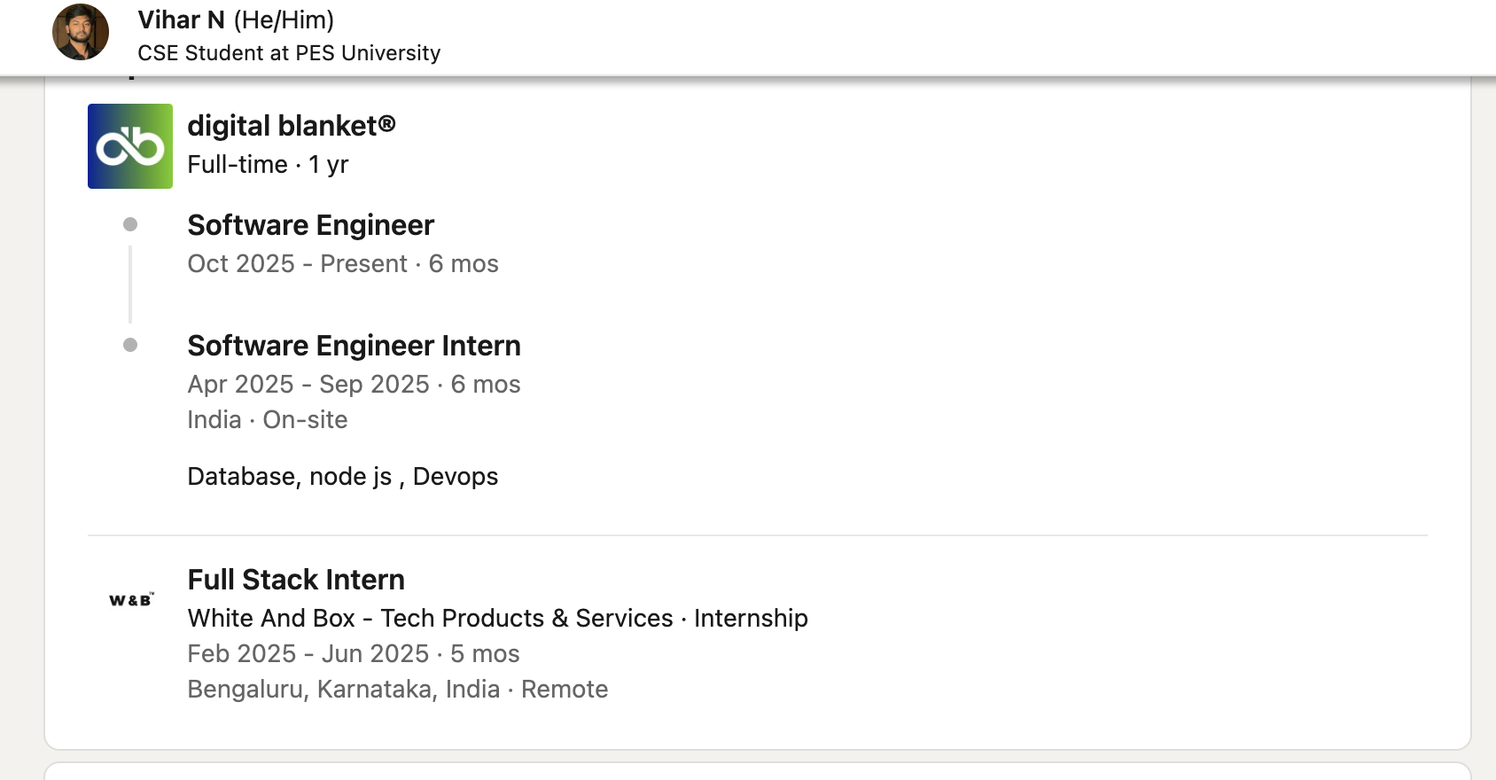Vihar N LinkedIn Screenshot